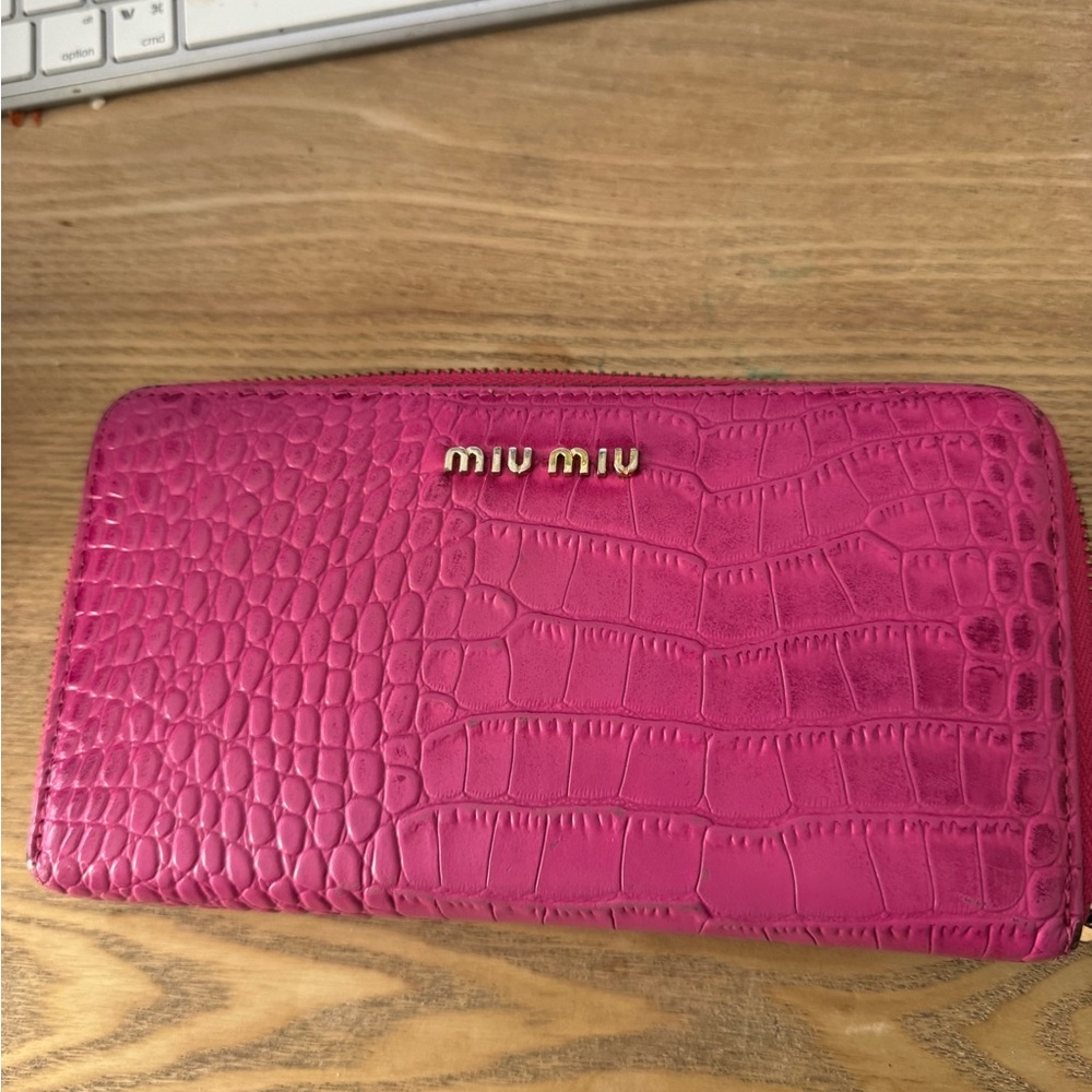 Mui Mui Pink Crocodile long zip around leather wallet